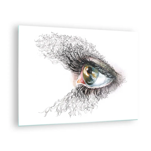 Üveg kép - Egy aranyló szem, dinamikus vonalakkal és absztrakt részletekkel körülvéve - 70x50cm - Nézz egyenesen a lélekbe - Modern fali dekoráció nappalihoz és hálószobához ARTTOR