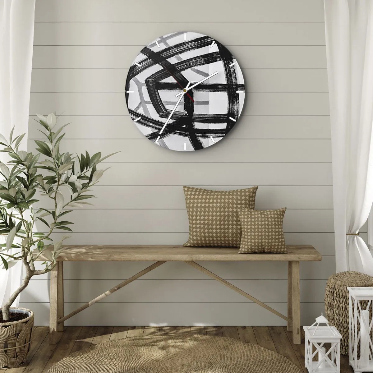 Falióra, Óra - Dinamikus fekete ecsetvonások, amelyek háromdimenziós mintákat hoznak létre - 30x30cm - Mélység építése - Modern fali dekoráció nappalihoz, konyhához és hálószobához ARTTOR