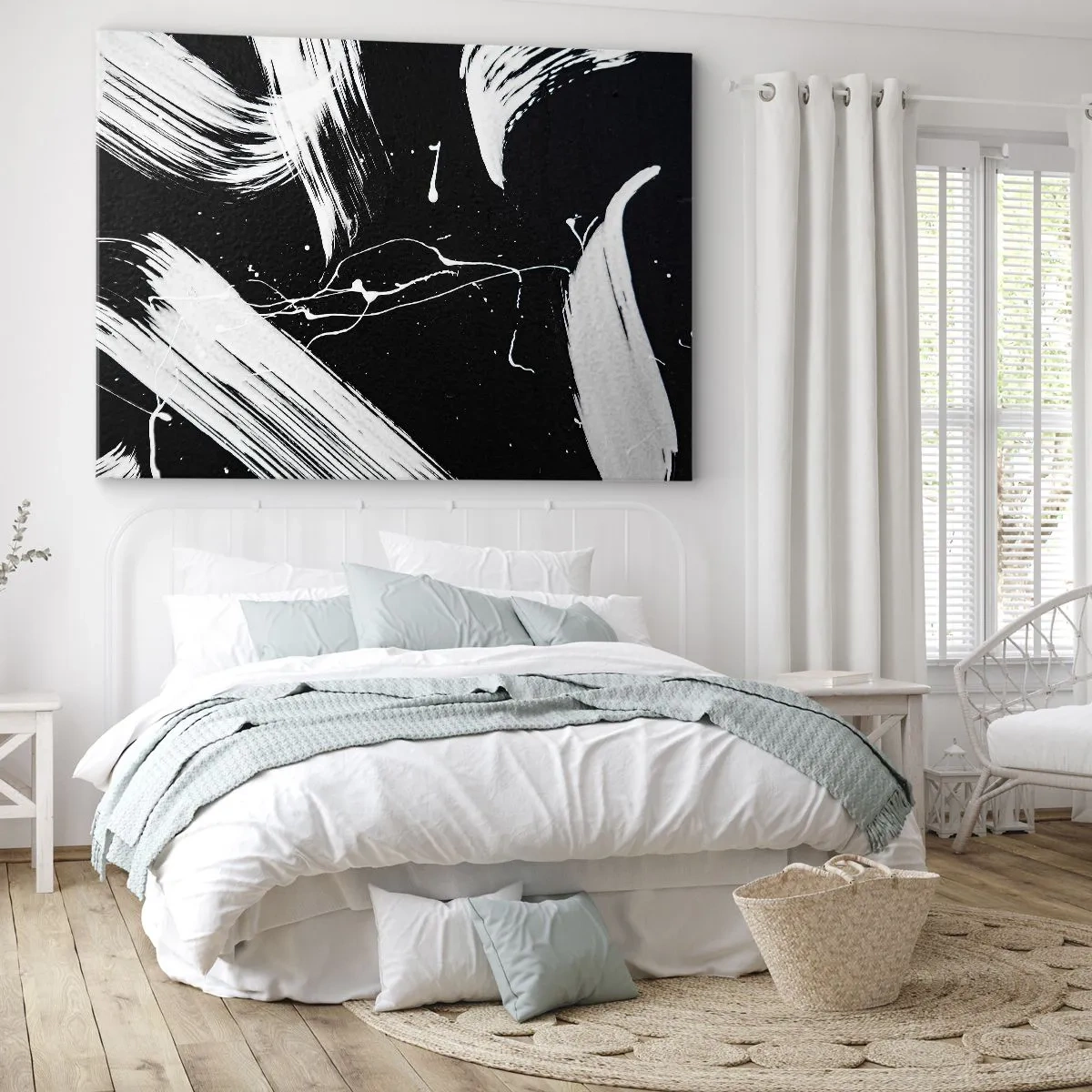 Vászonkép - Absztrakt fehér ecsetvonások fekete háttéren - 70x50cm - Megtöri a sötétséget - Modern fali dekoráció nappalihoz és hálószobához ARTTOR