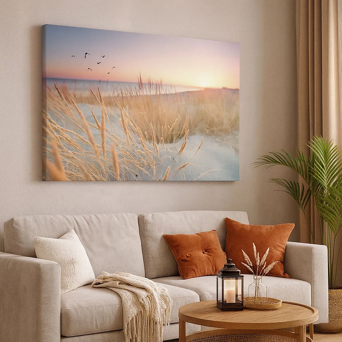 Vászonkép - Naplemente strand magas fűvel - 70x50cm - A balti altatódal - Modern fali dekoráció nappalihoz és hálószobához ARTTOR