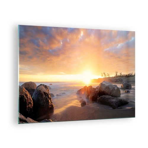 Üveg kép - Naplemente a tenger felett, kövekkel a parton - 70x50cm - Ragyogó esti szellő - Modern fali dekoráció nappalihoz és hálószobához ARTTOR