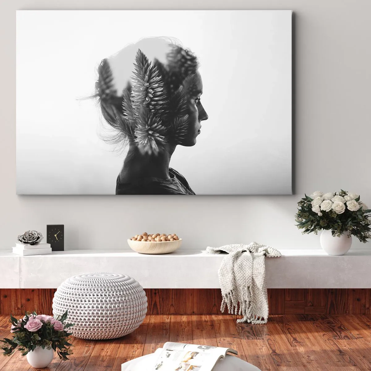 Vászonkép - Finom portré természeti elemekkel - 70x50cm - A fenyőerdő hölgye - Modern fali dekoráció nappalihoz és hálószobához ARTTOR