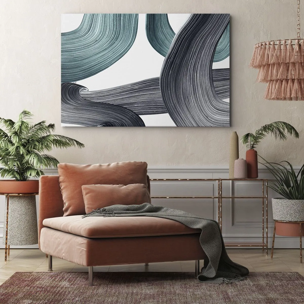Vászonkép - Folyékony absztrakt vonalak zöld és szürke árnyalatokban - 70x50cm - Smaragdzöld és fekete nyomok - Modern fali dekoráció nappalihoz és hálószobához ARTTOR