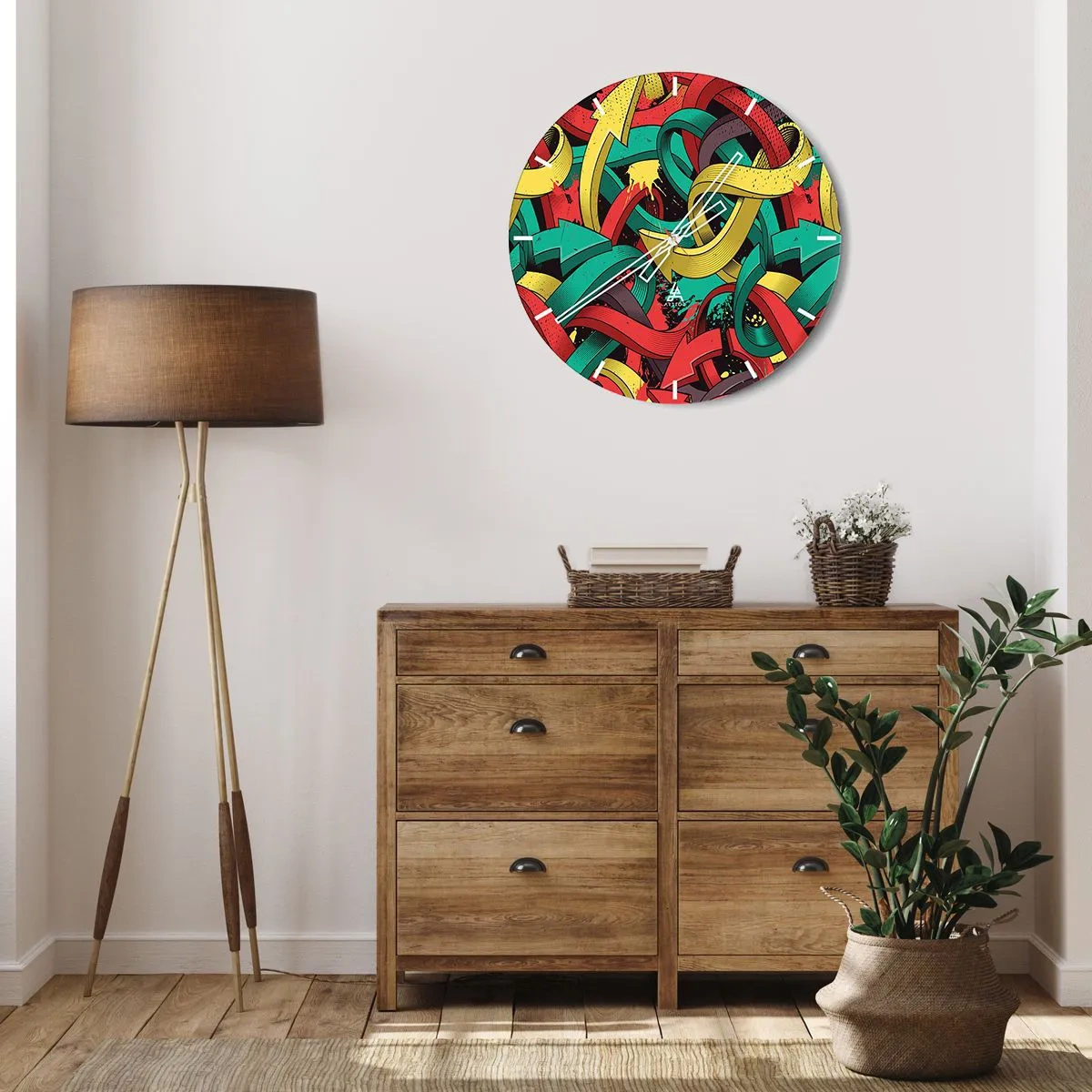 Falióra, Óra - Színes nyilak dinamikus, képregény stílusban - 30x30cm - Melyik az út a cél felé? - Modern fali dekoráció nappalihoz, konyhához és hálószobához ARTTOR