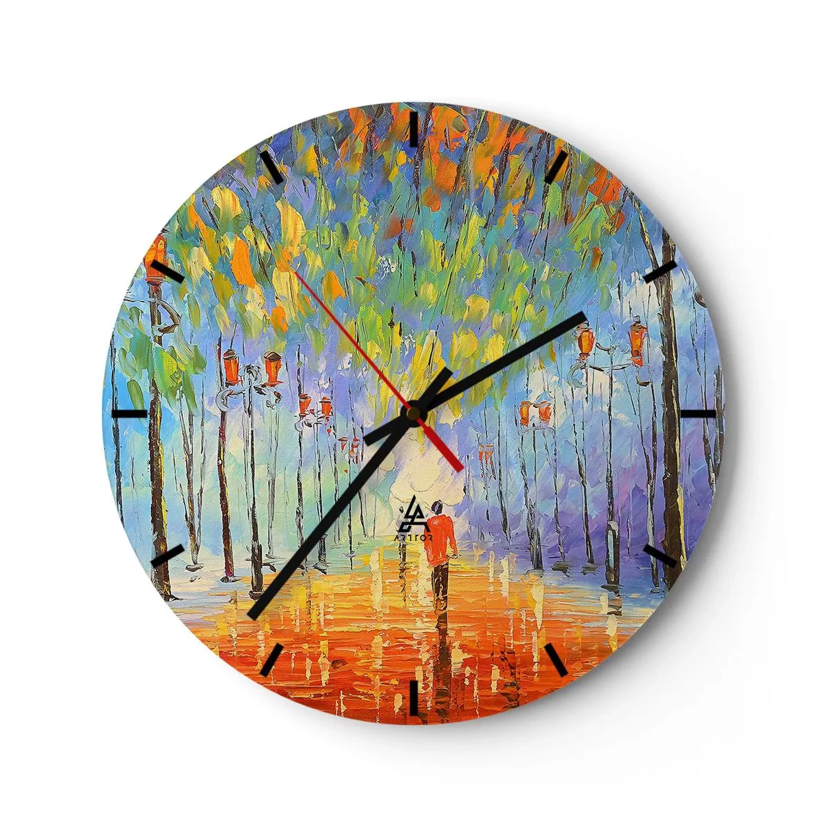 Falióra, Óra - Egy színes sugárút fákkal és egy távolban sétáló személlyel - 30x30cm - Eső éjszakai dala - Modern fali dekoráció nappalihoz, konyhához és hálószobához ARTTOR