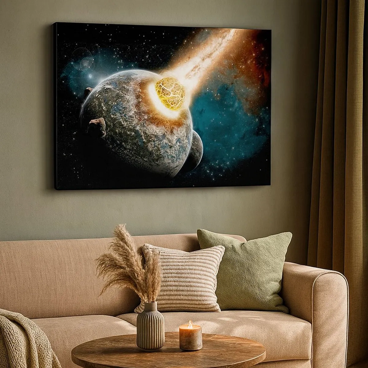 Vászonkép - Egy bolygó kozmikus ütközése egy aszteroidával a galaxis közelében. - 70x50cm - Halál, vagy élet? - Modern fali dekoráció nappalihoz és hálószobához ARTTOR