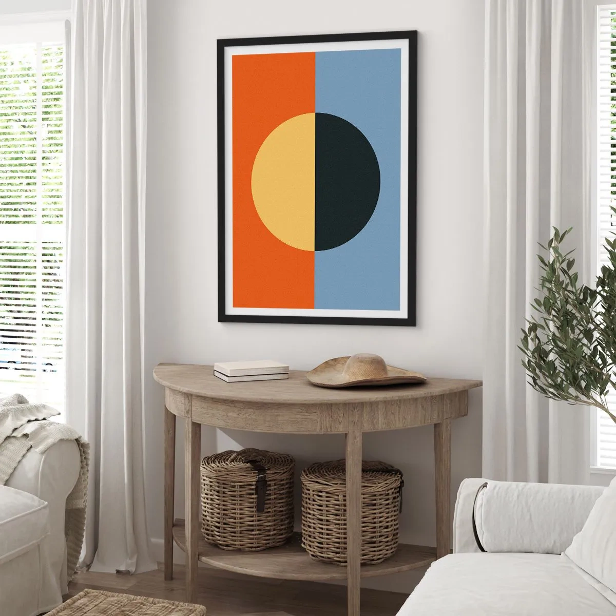 Poszter fehér keretben - Geometriai kompozíció körrel és kontrasztos színekkel - 50x70cm - A meleg és a hideg kompozíciója - Modern fali dekoráció nappalihoz és hálószobához ARTTOR
