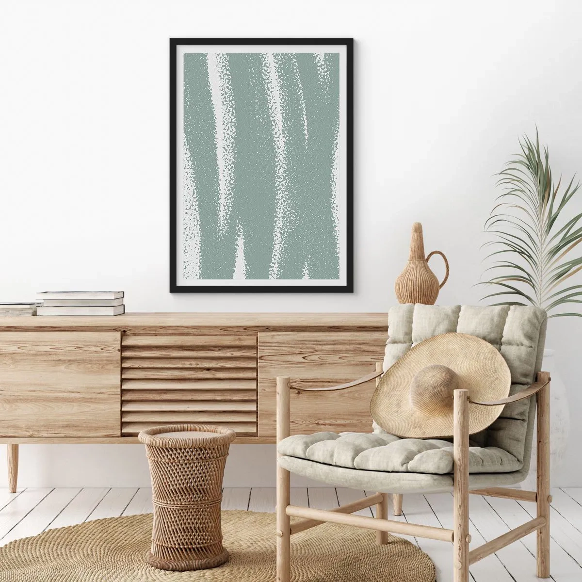 Poszter fehér keretben - Minimalista kompozíció zöld és fehér árnyalatokban - 50x70cm - Absztrakció téli hangulatban - Modern fali dekoráció nappalihoz és hálószobához ARTTOR