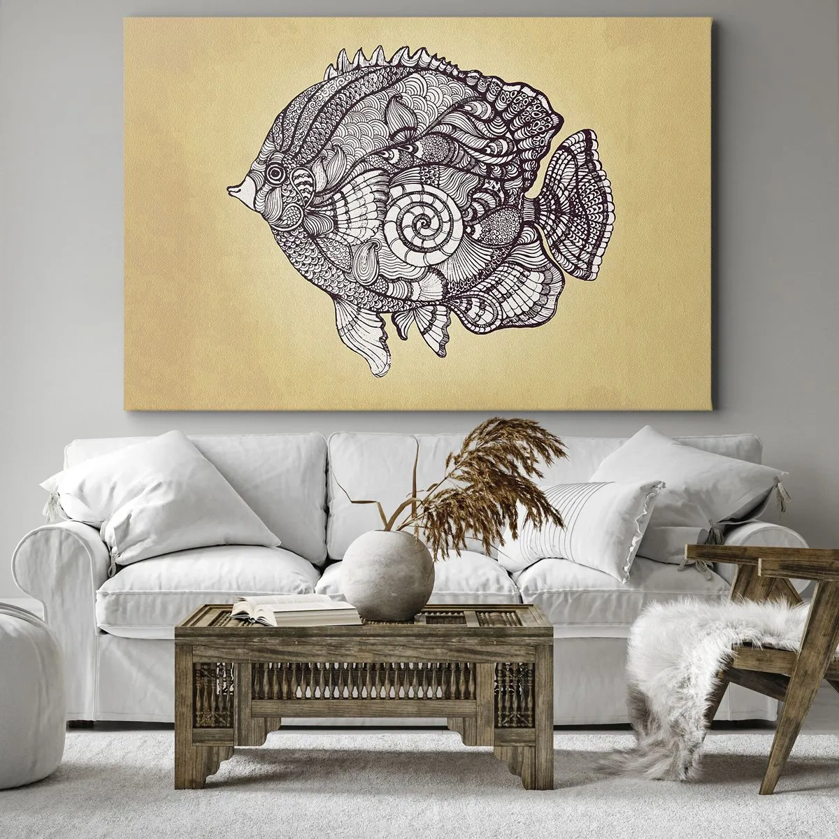 Vászonkép - Dekoratív halak rajzstílusban mintákkal - 70x50cm - A díszek óceánjából - Modern fali dekoráció nappalihoz és hálószobához ARTTOR