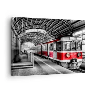 Vászonkép - Piros vonat az állomáson egy tető alatt - 70x50cm - Talán egy életre szóló utazás? - Modern fali dekoráció nappalihoz és hálószobához ARTTOR