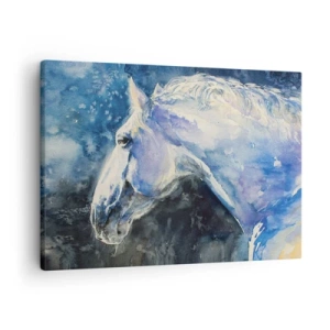 Vászonkép - Egy ló portréja kék árnyalatokban, festői akvarellhatással. - 70x50cm - Portré kék fényben - Modern fali dekoráció nappalihoz és hálószobához ARTTOR