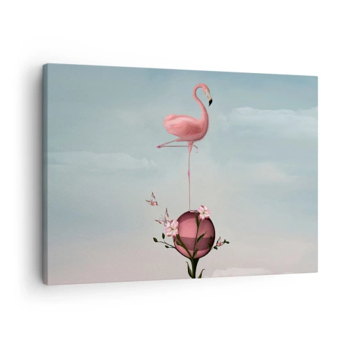 Vászonkép - Egy rózsaszín flamingó egyensúlyoz egy virággömbön - 70x50cm - Kosárlabda allegória - Modern fali dekoráció nappalihoz és hálószobához ARTTOR