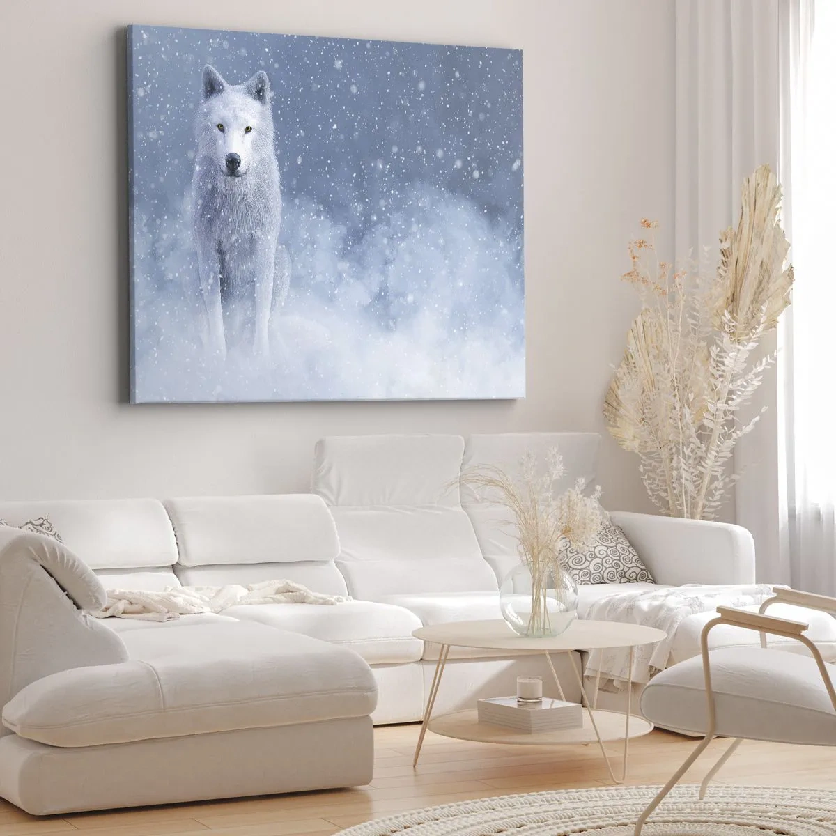 Vászonkép - Fehér farkas havas tájban - 70x50cm - Téli hangulatban - Modern fali dekoráció nappalihoz és hálószobához ARTTOR