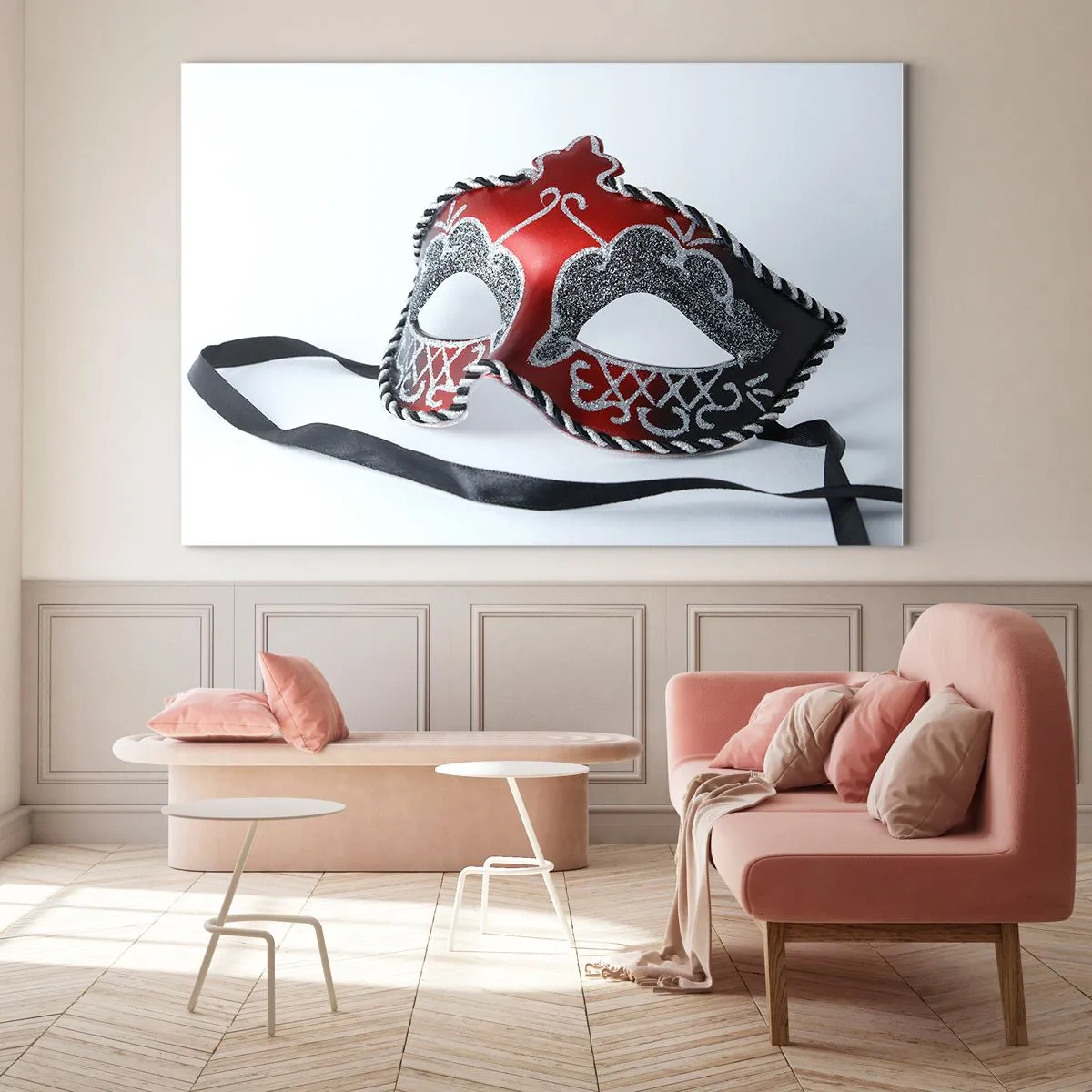 Üveg kép - Karneváli maszk piros és ezüst színben - 70x50cm - Meghívó a bálba - Modern fali dekoráció nappalihoz és hálószobához ARTTOR