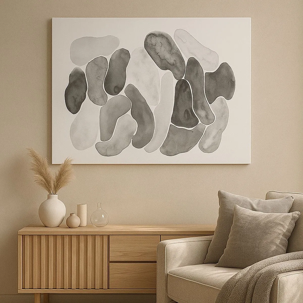 Vászonkép - Fekete-fehér absztrakció szabálytalan foltokkal fehér alapon - 70x50cm - Köves absztrakció - Modern fali dekoráció nappalihoz és hálószobához ARTTOR