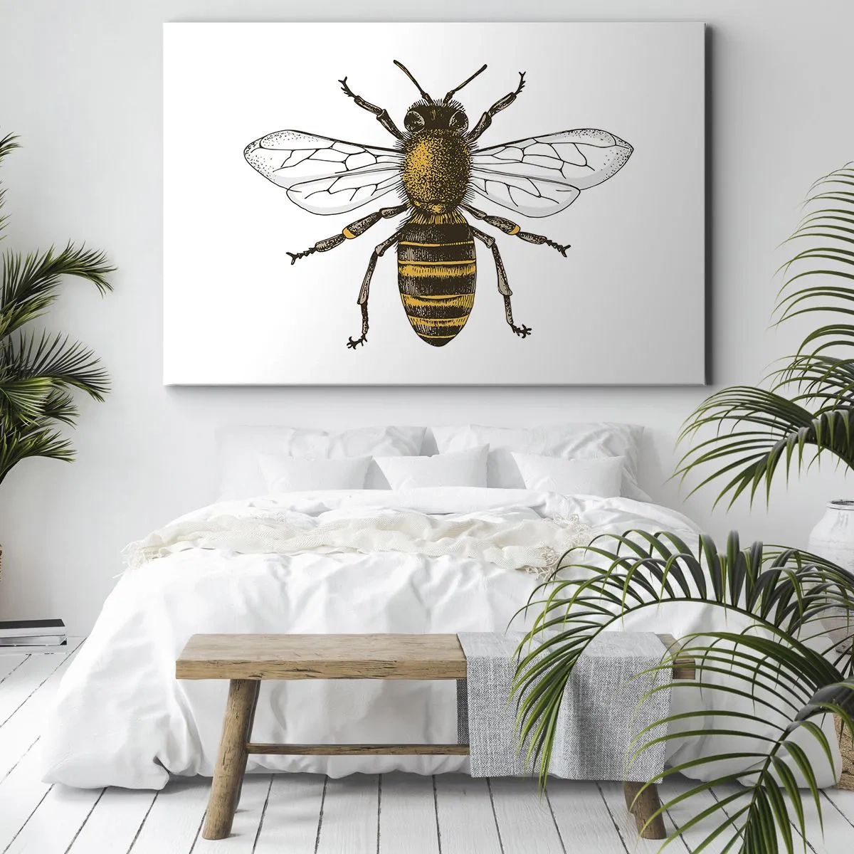 Vászonkép - Méh részletes illusztrációja fehér alapon - 70x50cm - Gyönyörű és jó - Modern fali dekoráció nappalihoz és hálószobához ARTTOR