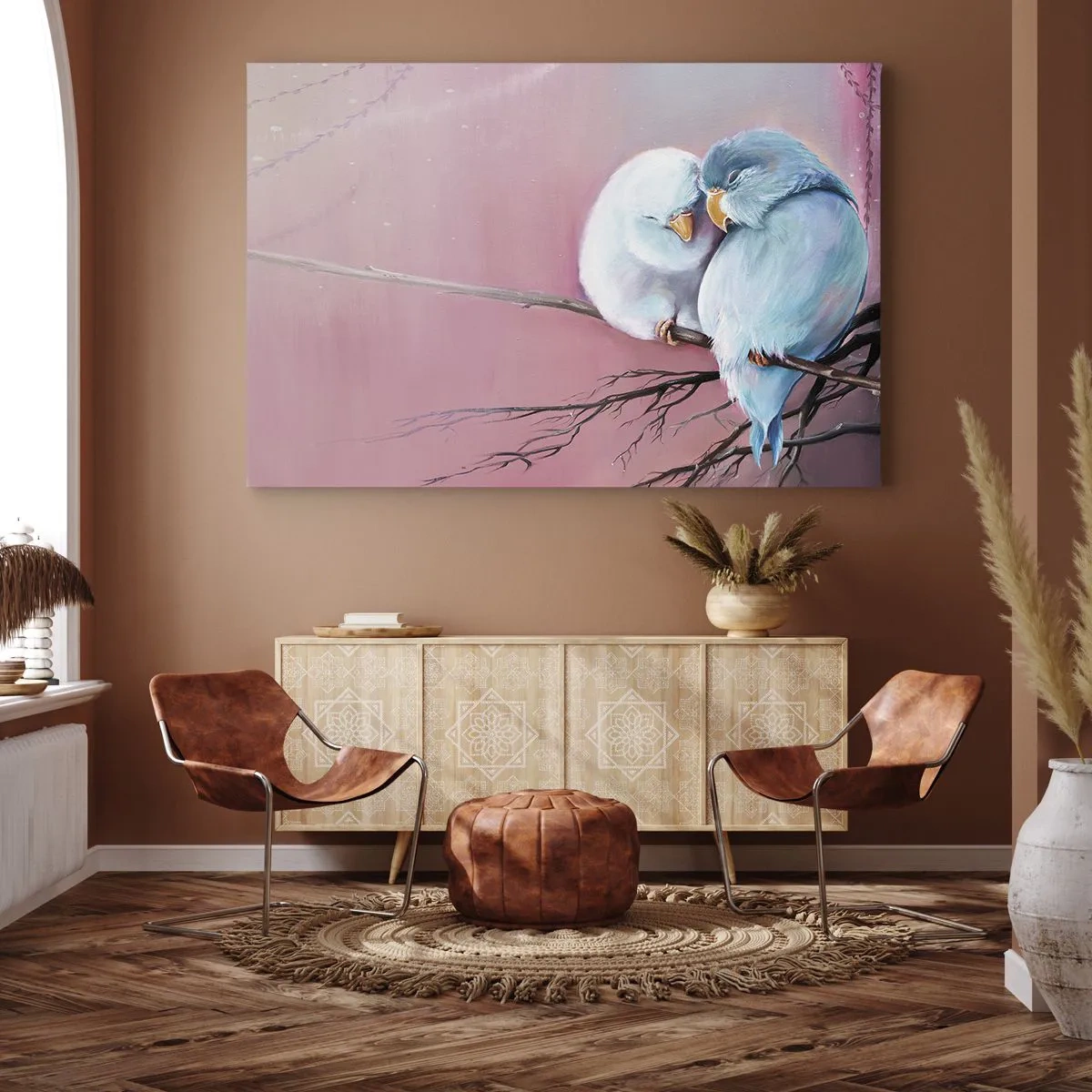Vászonkép - Két szerelmes madár egy ágon, rózsaszín háttér előtt - 70x50cm - Mit tehetnénk hozzá?... - Modern fali dekoráció nappalihoz és hálószobához ARTTOR