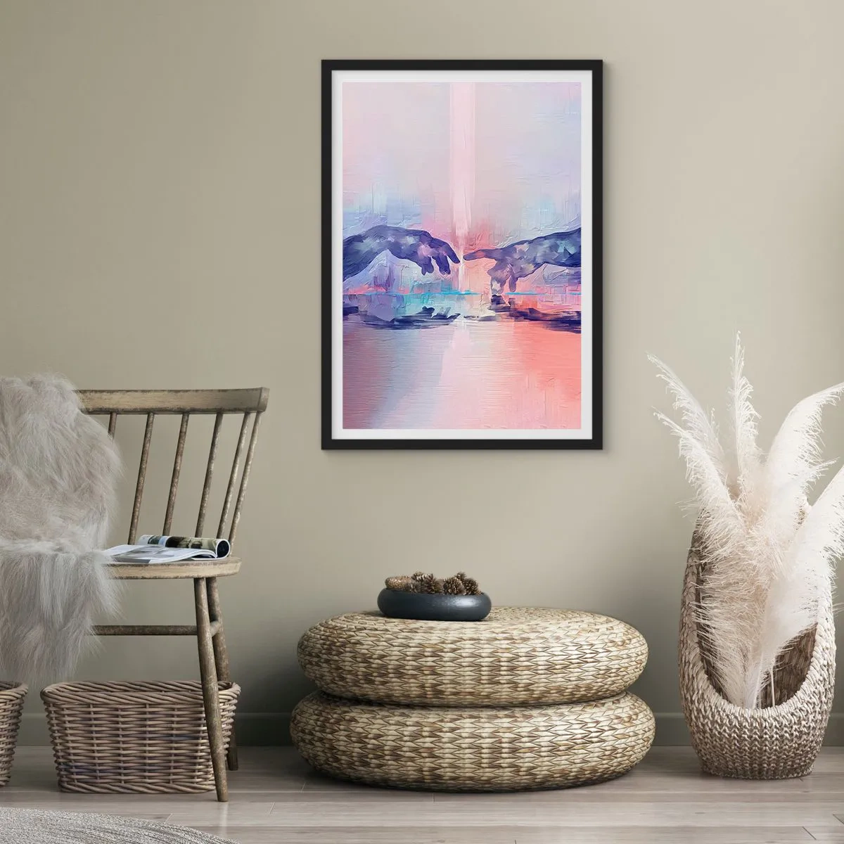 Poszter fehér keretben - Absztrakt kezek pasztell színekben - 50x70cm - Az élet isteni szikrája - Modern fali dekoráció nappalihoz és hálószobához ARTTOR