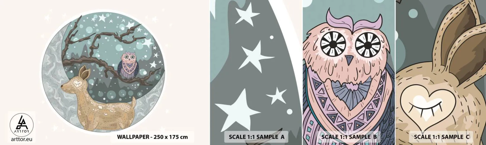 Fotótapéta Minta Öntapadós Deluxe Sticker - Mesebeli erdei éjszaka - Gyerekeknek, Grafika, Csillagok - 100x30 cm