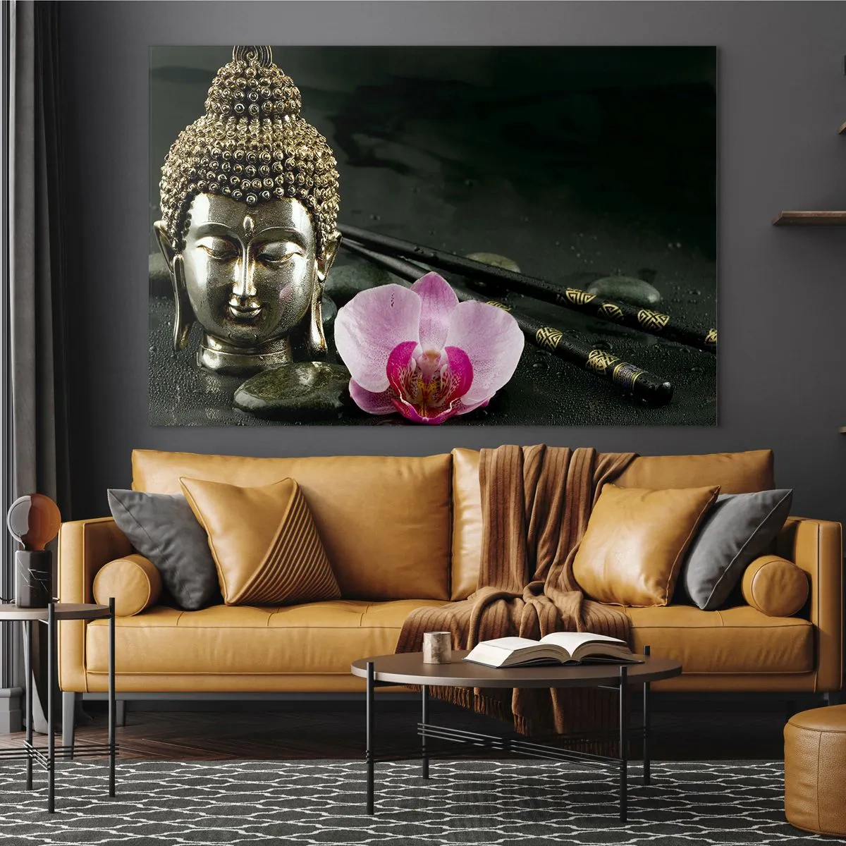Üveg kép - Buddhista fej rózsaszín virággal kövek hátterében - 70x50cm - A bölcsesség és a szépség harmóniája - Modern fali dekoráció nappalihoz és hálószobához ARTTOR