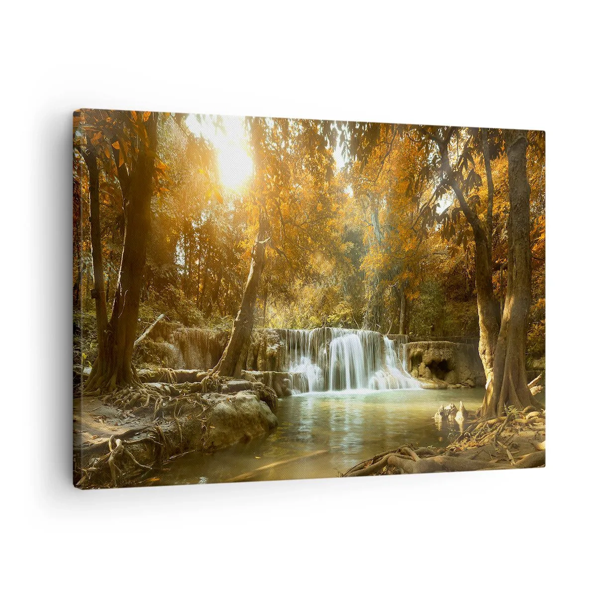 Vászonkép - Őszi táj vízeséssel - 70x50cm - Park kaszkád - Modern fali dekoráció nappalihoz és hálószobához ARTTOR