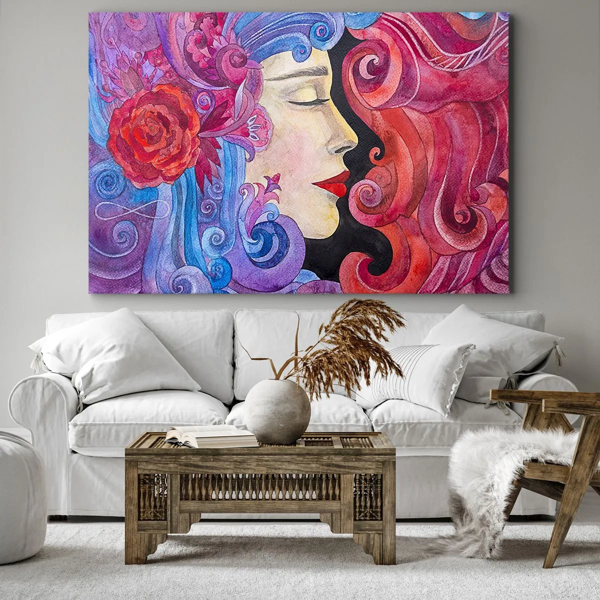 Vászonkép - Egy nő színes profilja művészi stílusban - 70x50cm - A szecesszió még mindig él - Modern fali dekoráció nappalihoz és hálószobához ARTTOR