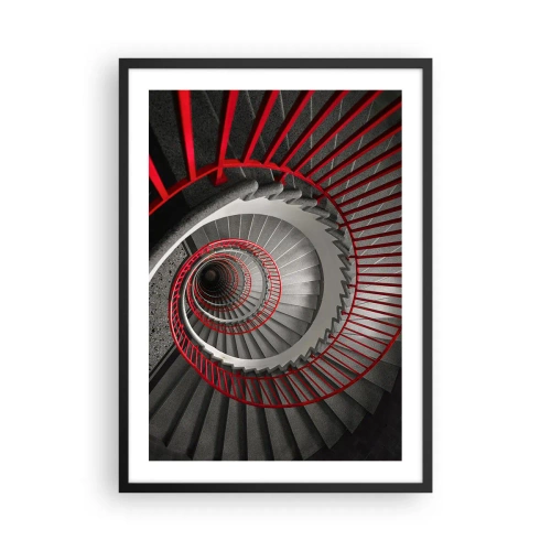 Poszter fehér keretben - Csigalépcső fekete-fehérben, piros korláttal - 50x70cm - Építészeti játékok - Modern fali dekoráció nappalihoz és hálószobához ARTTOR