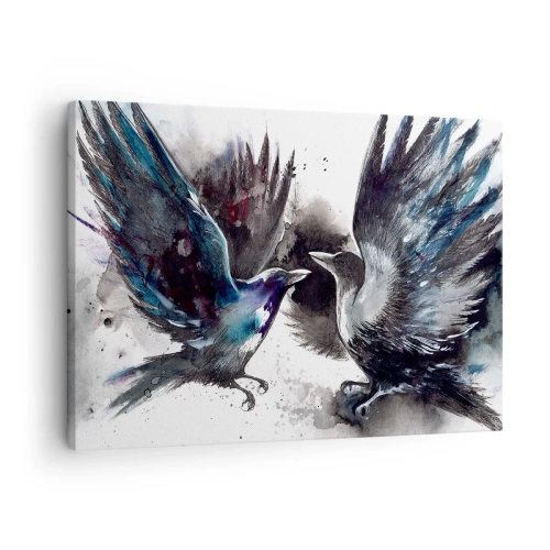 Vászonkép - Művészi hollók dinamikus akvarell kompozícióban - 70x50cm - Varjú a varjúnak… - Modern fali dekoráció nappalihoz és hálószobához ARTTOR