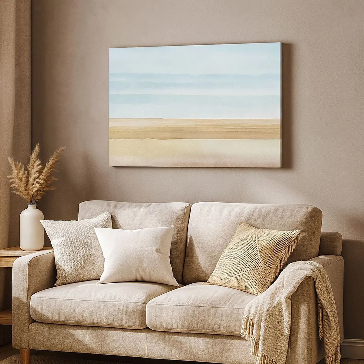 Vászonkép - Egy pár bíboros ült ágakon pasztellszínű tájképen - 70x50cm - Rózsaszín erdő története - Modern fali dekoráció nappalihoz és hálószobához ARTTOR