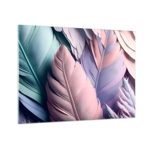 Üveg kép - Pasztell tollak rózsaszín, lila és türkiz árnyalatokban - 70x50cm - Madár sikk - Modern fali dekoráció nappalihoz és hálószobához ARTTOR