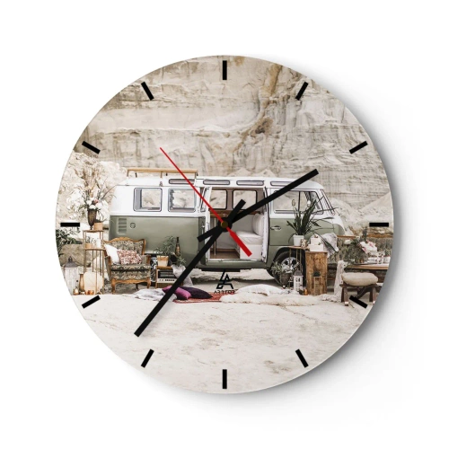 Falióra, Óra - Lakóautó dekoratív elemekkel, természetes táj háttér előtt - 30x30cm - Ideje elkezdeni az utazást - Modern fali dekoráció nappalihoz, konyhához és hálószobához ARTTOR