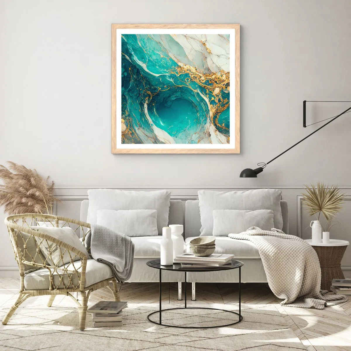 Poszter világos tölgy keretben - Kompozíció aranyvénákkal - 40x40 cm