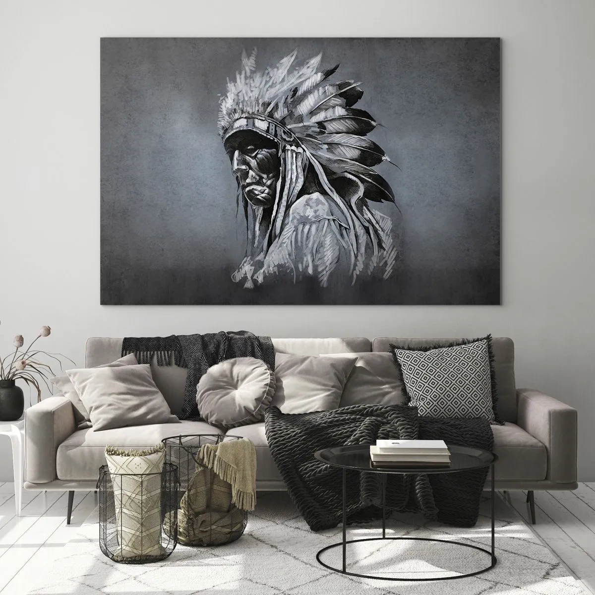 Üveg kép - Tollas fejdísszel ellátott férfi portréja sötét, szürke háttér előtt - 70x50cm - Vissza a gyökerekhez - Modern fali dekoráció nappalihoz és hálószobához ARTTOR