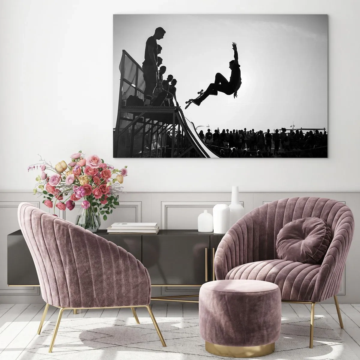 Üveg kép - Fekete-fehér korcsolyázó a levegőben - 70x50cm - Hősök és nézők - Modern fali dekoráció nappalihoz és hálószobához ARTTOR