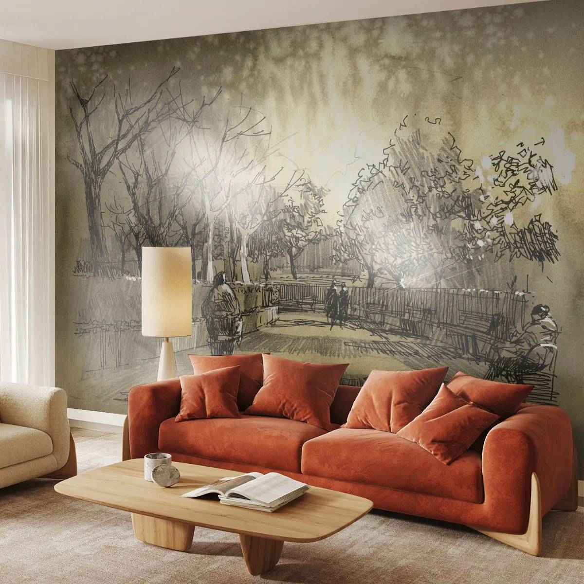 Fotótapéta Premium Sand - Egy tollal megállított pillanat - Park Alley, Park, Szépia - 350x256 cm