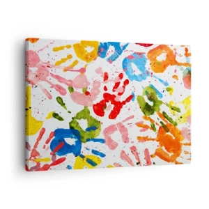 Vászonkép - Színes kéznyomatok fehér alapon - 70x50cm - Kövesd a nyomokat - Modern fali dekoráció nappalihoz és hálószobához ARTTOR