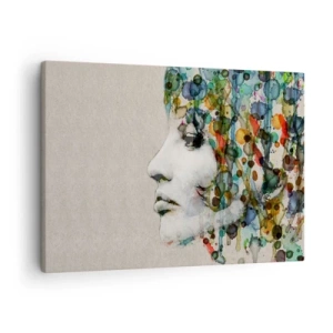 Vászonkép - Egy nő profilja akvarell színekben, absztrakt háttérrel - 70x50cm - Előbúj a szürkéből - Modern fali dekoráció nappalihoz és hálószobához ARTTOR