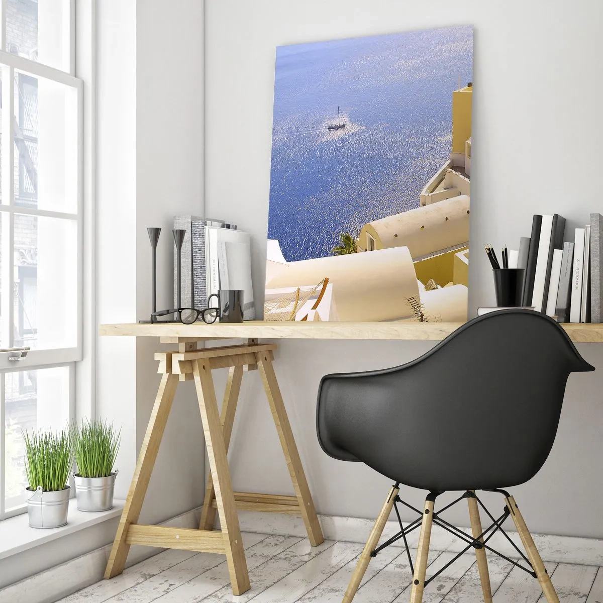 Üveg kép - Görög táj fehér és kék színben - 80x120 cm