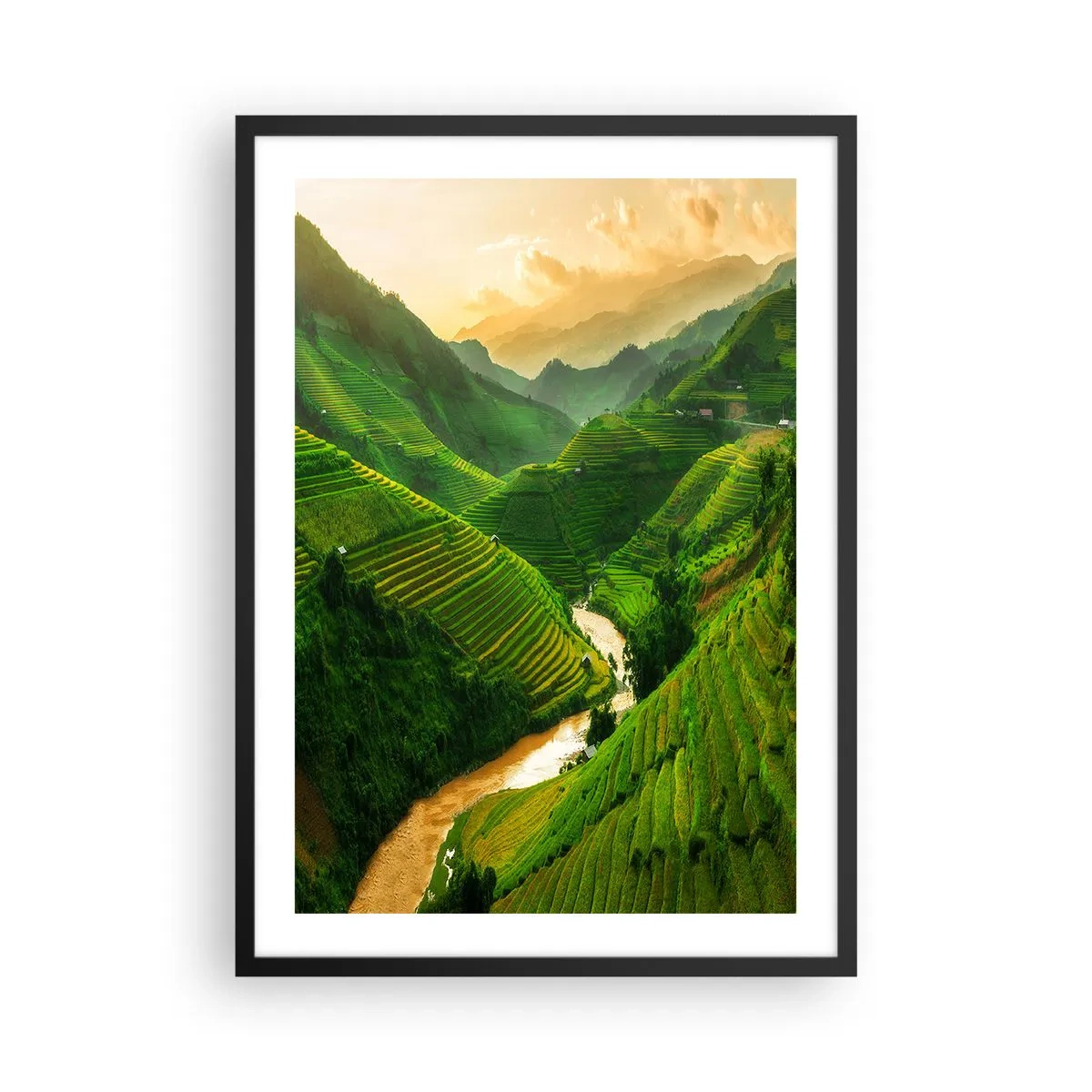 Poszter fehér keretben - Festői rizsteraszok egy zöld völgyben - 50x70cm - Vietnámi völgy - Modern fali dekoráció nappalihoz és hálószobához ARTTOR