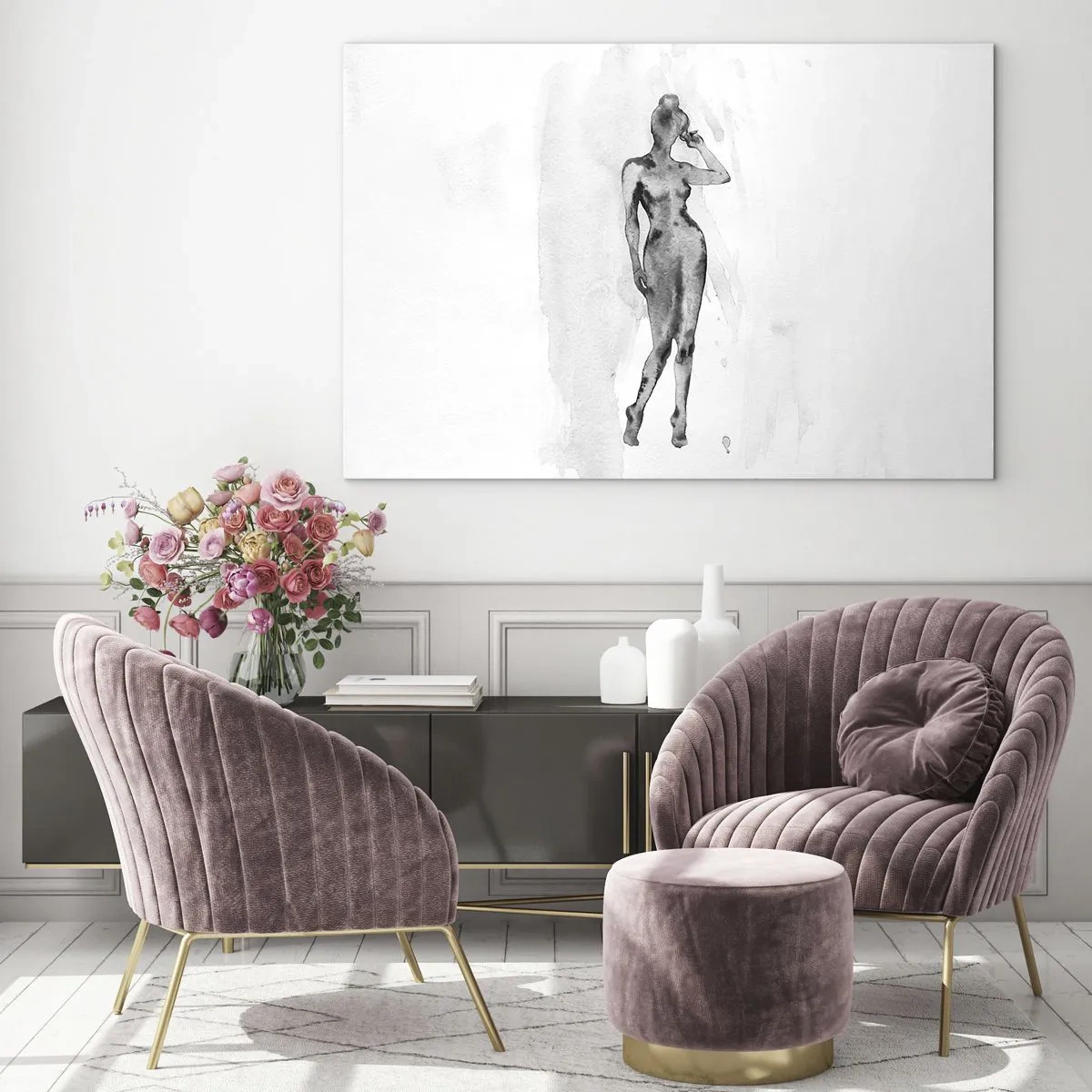 Üveg kép - Sziluettje egy nőnek szürke árnyalatokban, fehér alapon - 70x50cm - A nőiesség ideáljának nyomában - Modern fali dekoráció nappalihoz és hálószobához ARTTOR