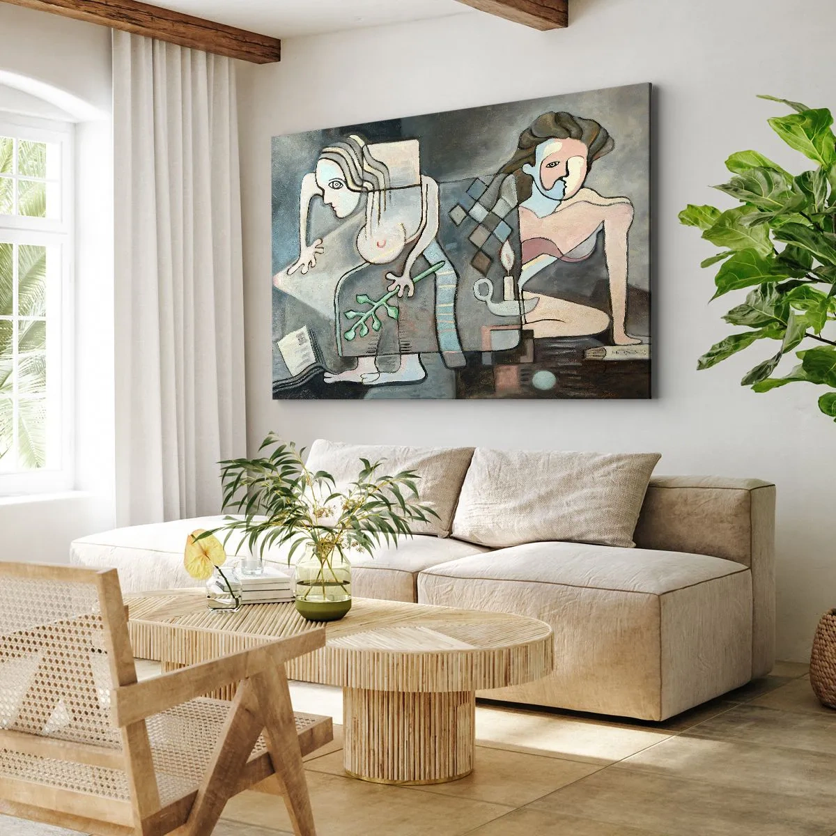 Vászonkép - Absztrakt alakok egy mély jelentéssel bíró szimbolikus kompozícióban - 70x50cm - Lélek és matéria mozaikja - Modern fali dekoráció nappalihoz és hálószobához ARTTOR