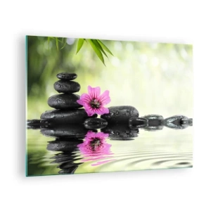 Üveg kép - Fekete kövek és egy rózsaszín virág a természet hátterében - 70x50cm - Idő a léleknek - Modern fali dekoráció nappalihoz és hálószobához ARTTOR