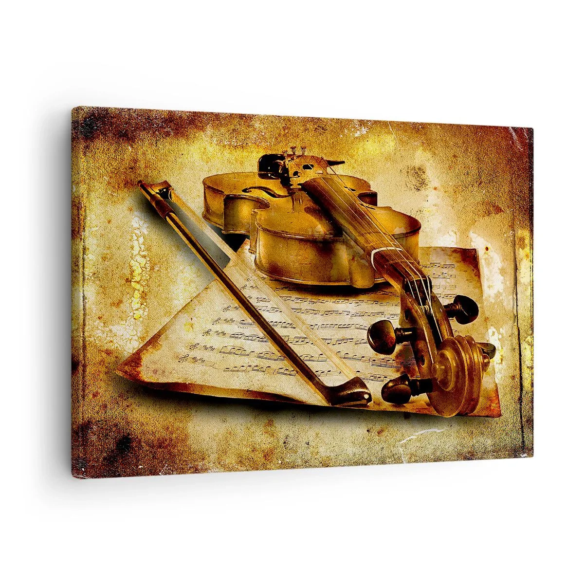 Vászonkép - Hegedű kottákkal meleg tónusú vintage háttér előtt - 70x50cm - Azonnal szükség van egy virtuózra - Modern fali dekoráció nappalihoz és hálószobához ARTTOR