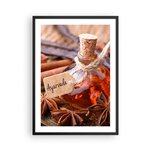 Poszter fehér keretben - Egy üveg ájurvédikus olaj és fűszerek - 50x70cm - A test és a lélek egysége felé - Modern fali dekoráció nappalihoz és hálószobához ARTTOR