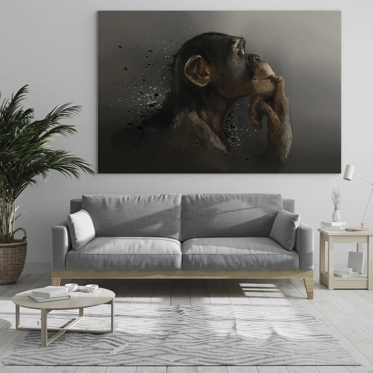 Üveg kép - Egy majom, aki elgondolkodva néz egy sötét, fröccsenő hatású háttér előtt - 70x50cm - Biztosan gondolkodó - Modern fali dekoráció nappalihoz és hálószobához ARTTOR