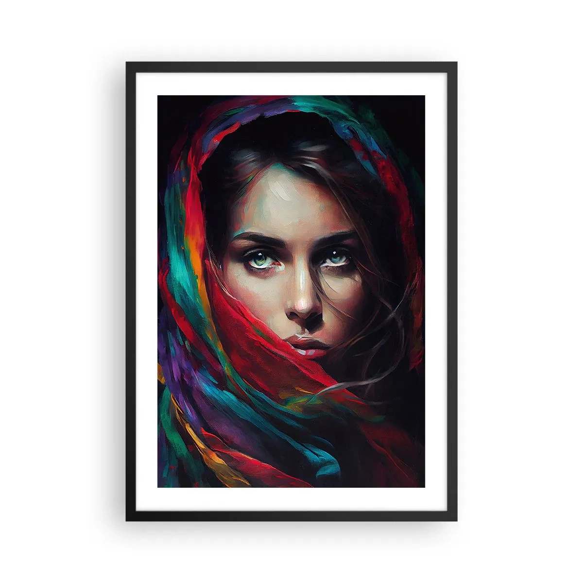 Poszter fehér keretben - Portré egy nőről színes sálban - 50x70cm - Zöld szemű rejtély - Modern fali dekoráció nappalihoz és hálószobához ARTTOR