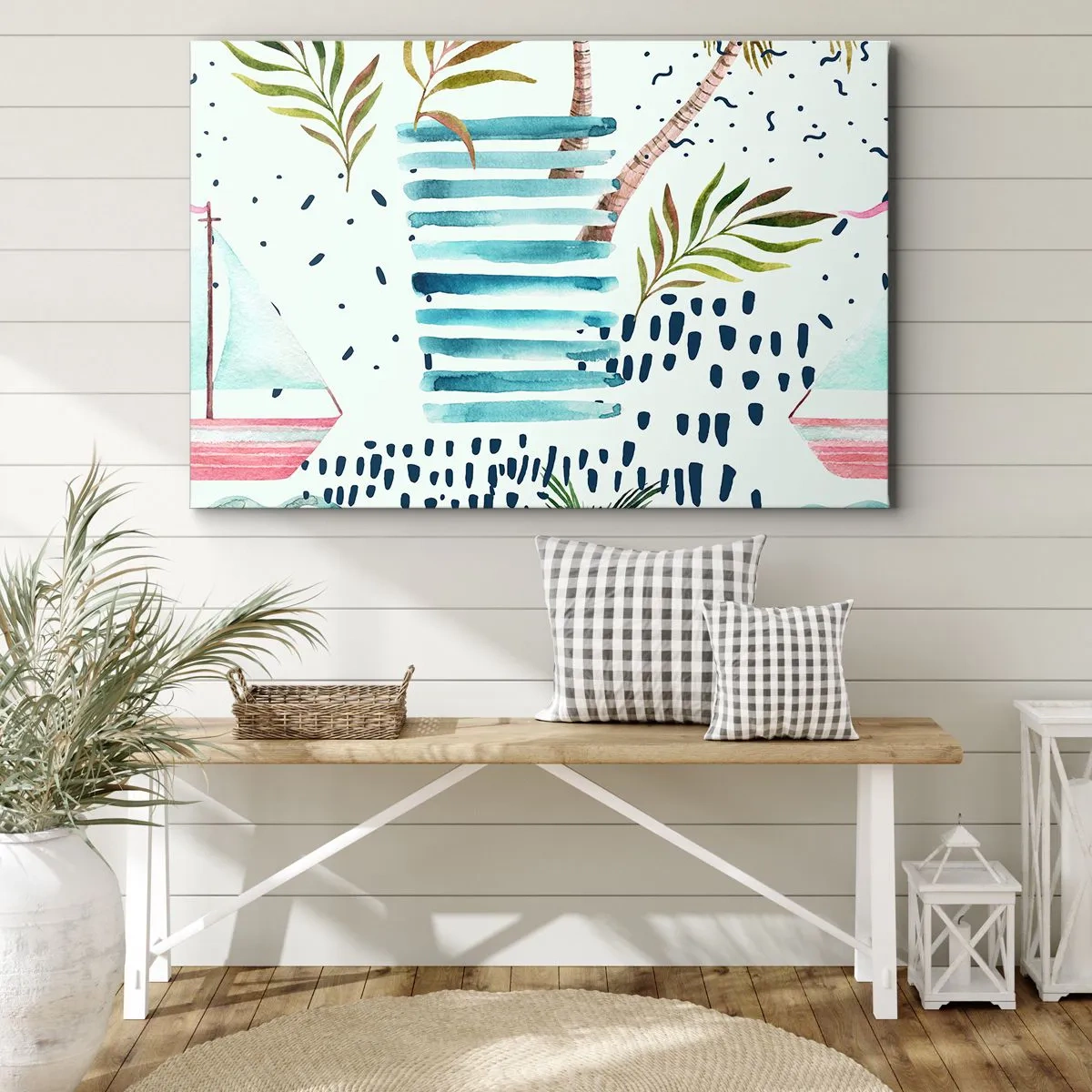 Vászonkép - Absztrakt minta pálmafákkal és tengerészeti díszítésekkel - 70x50cm - Nyaralás pálmafák alatt - Modern fali dekoráció nappalihoz és hálószobához ARTTOR