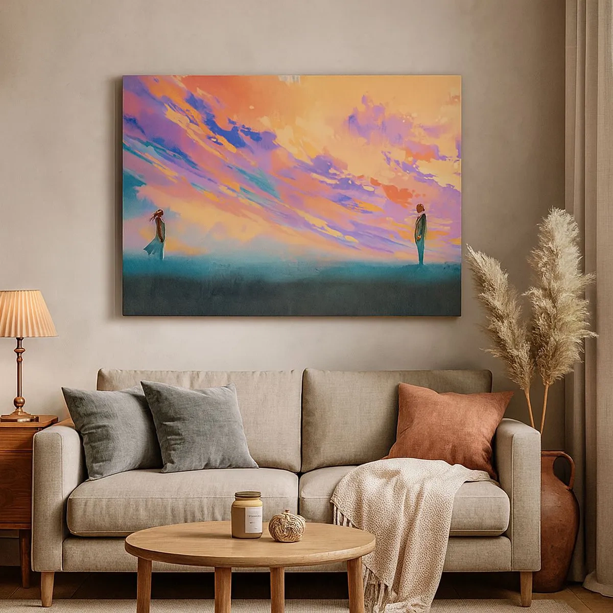 Vászonkép - Dinamikus jelenet alakokkal egy színes naplemente előtt - 70x50cm - Vonzási erő - Modern fali dekoráció nappalihoz és hálószobához ARTTOR