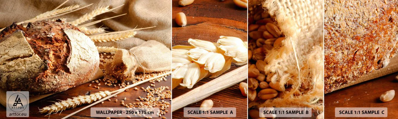 Fotótapéta Minta Standard Eco - Étvágygerjesztő, illatos, ropogós - Kenyér, Búzaszem, Gasztronómia - 100x30 cm