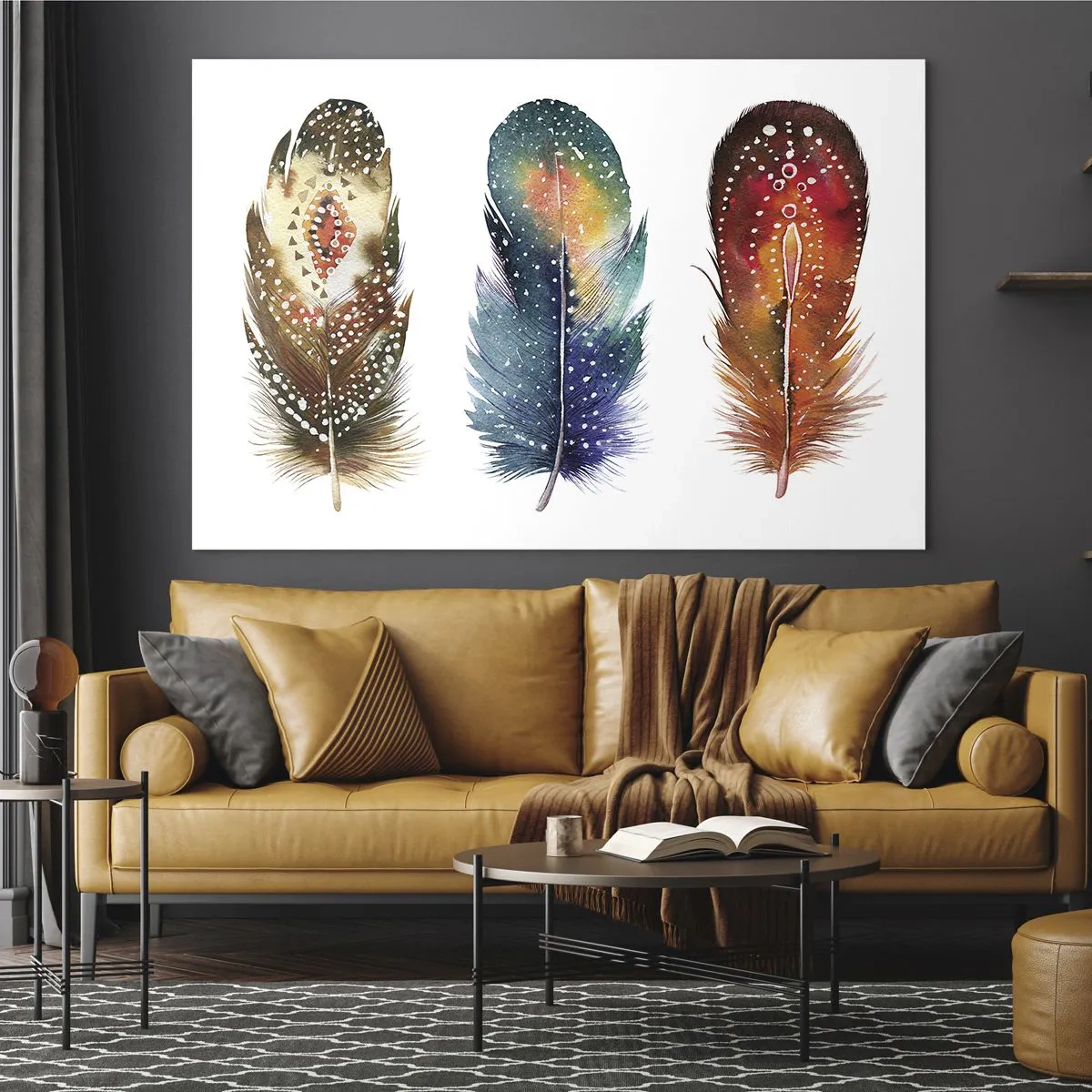 Üveg kép - Három színes toll etnikai mintákkal - 70x50cm - Rítusok, szertartások, titkok - Modern fali dekoráció nappalihoz és hálószobához ARTTOR